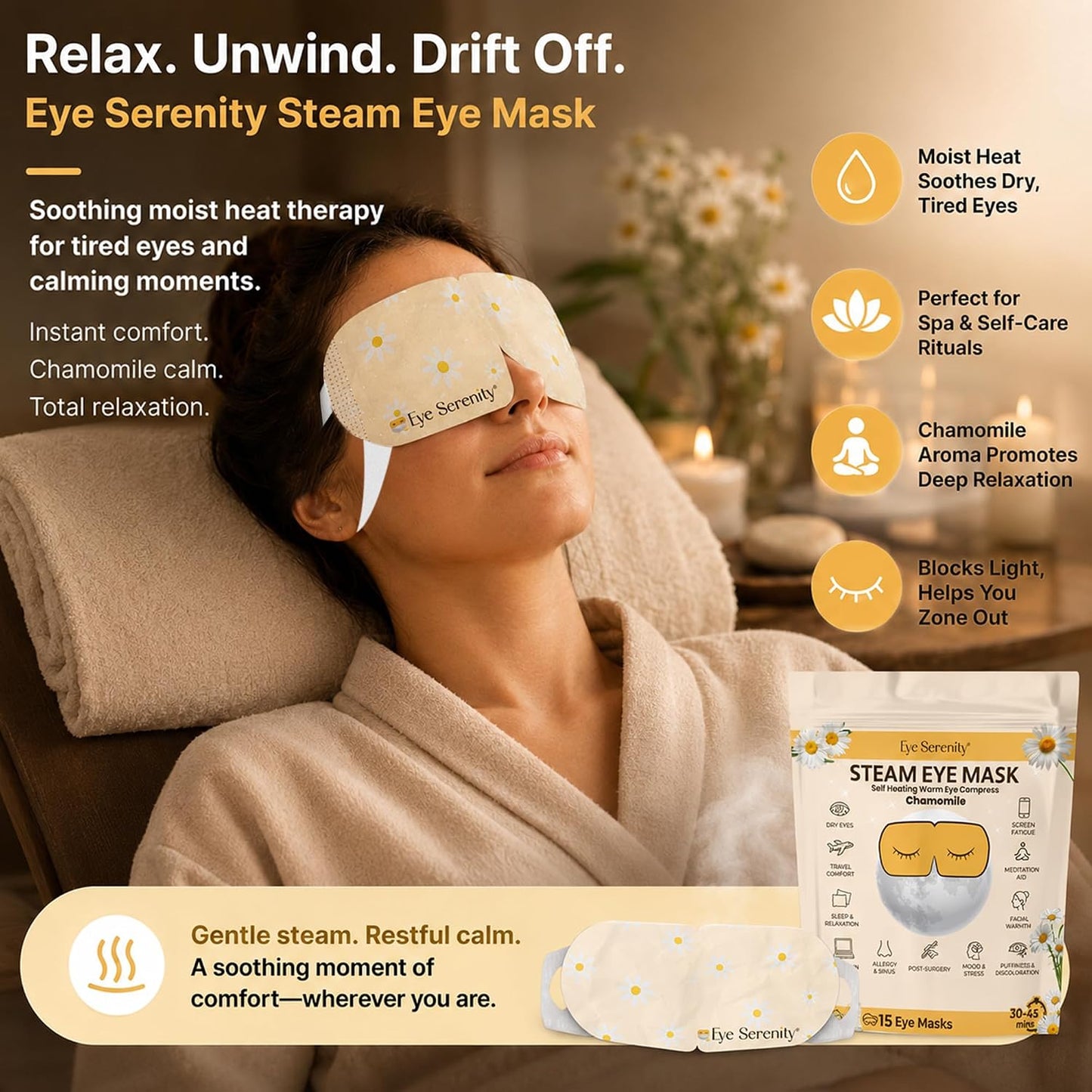 Eye Serenity Steam Eye Mask, Heated Eye Mask, Self Heating Warm Compress for Dry Eyes, Fast Relief for Stye, Puffy Sensitive Eyes, Moist Heat, Gift for Women and Men - Unscented