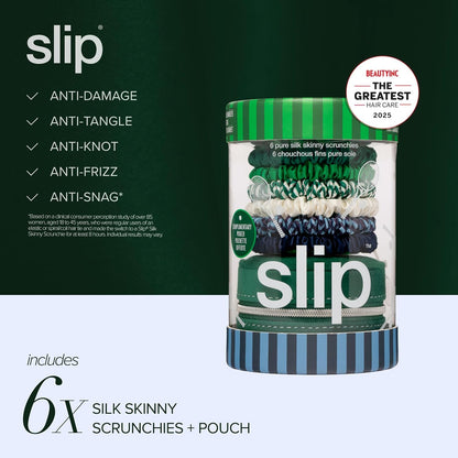 Slip Silk Hair Ties — Skinny Silk Black Scrunchies, No Damage, No Crease, Anti-Breakage |100% Mulberry Silk | All Hair Types | Made with Proprietary Slipsilk™ | Set of 4