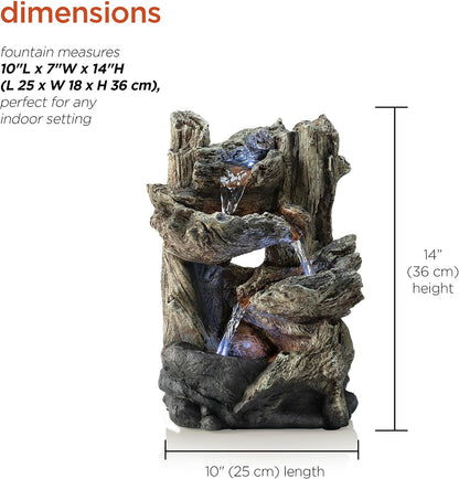 Alpine Corporation | 14"H Indoor Tiered Log Tabletop Fountain with LED Lights — Cascading Waterfall Design Creates Relaxing Ambiance for Home & Office Décor