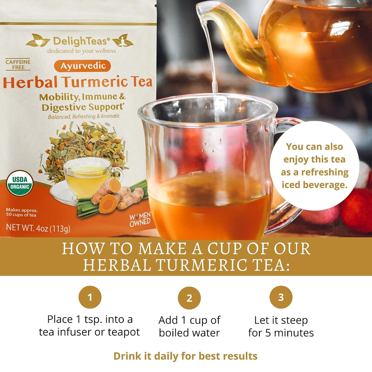 DelighTeas Organic Turmeric Ginger Tea | Ayurvedic Loose Leaf Herbal Turmeric Tea for Mobility, Immune & Digestive Support | Non-GMO, Caffeine Free, Unsweetened | 50 Servings, 4oz.