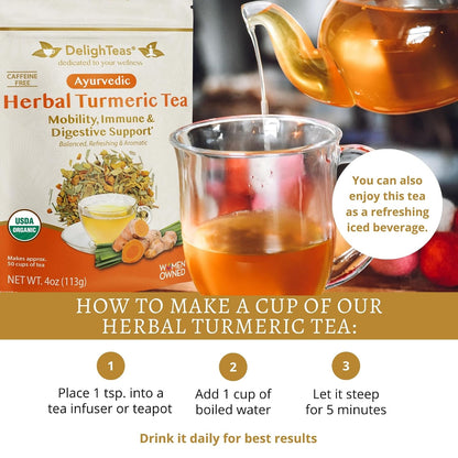 DelighTeas Organic Turmeric Ginger Tea | Ayurvedic Loose Leaf Herbal Turmeric Tea for Mobility, Immune & Digestive Support | Non-GMO, Caffeine Free, Unsweetened | 50 Servings, 4oz.