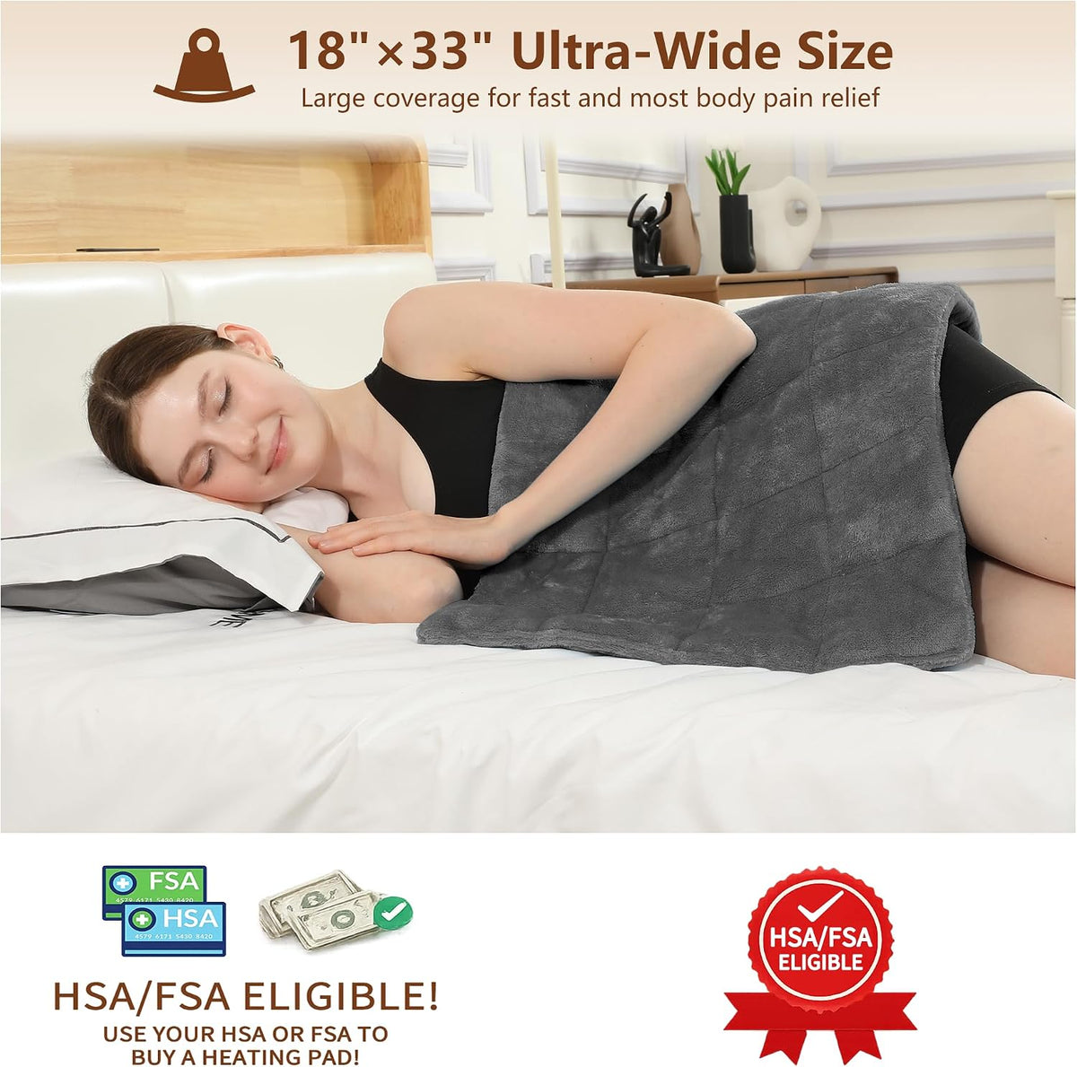 Electric Heating Pad HSA Eligible, Heated Pad for Back Neck Shoulder Pain Relif, Heating Pad for Period Cramps with 2H Auto Shut Off and 4 Heating Levels, 12"x24" Dark Grey