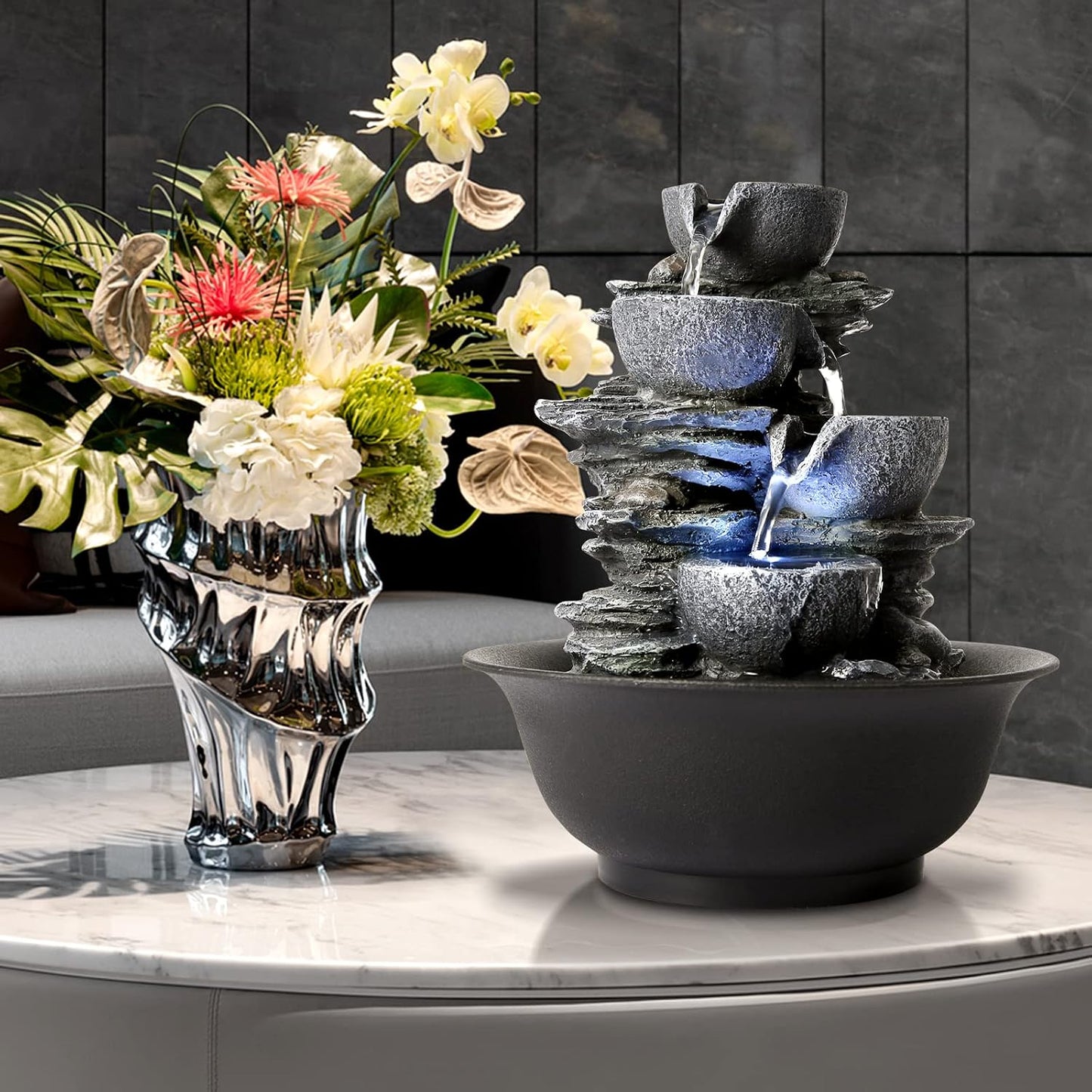 WICHEMI Indoor Fountain Tabletop Fountain Waterfall Fountains Stacked Rocks | Desktop Fountain With LED Light, Soothing Sound, Stress Relief, Humidifies Air, No Plumbing, Easy Setup, 11.8"X8.7"X5.9"