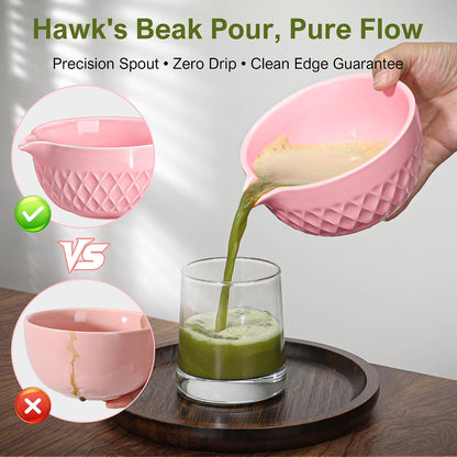 Matcha Whisk Set, 7 Pcs Matcha Kit, Ceramic Matcha Set Includes Matcha Bowl with Spout, Matcha Whisk and Holder, Bamboo Scoop, Scoop Rest, Sifter and Tea Towel (Ceramic White)