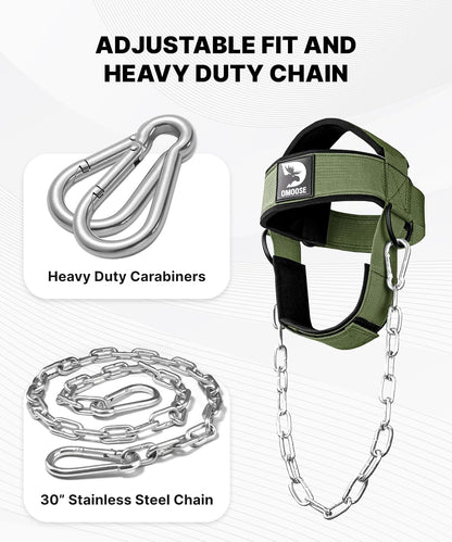 DMoose Fitness Neck Harness for Weight Lifting - Soft Padded Head & Chin Strap with 30" Heavy Duty Steel Chain - Neck Exerciser, Trainer & Strengthener to Support Injury Recovery and Intense Workouts