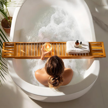 VaeFae Teak Bathtub Tray, Wooden Bath Caddy for Bathtub, Bath Tub Wood Table for Tub