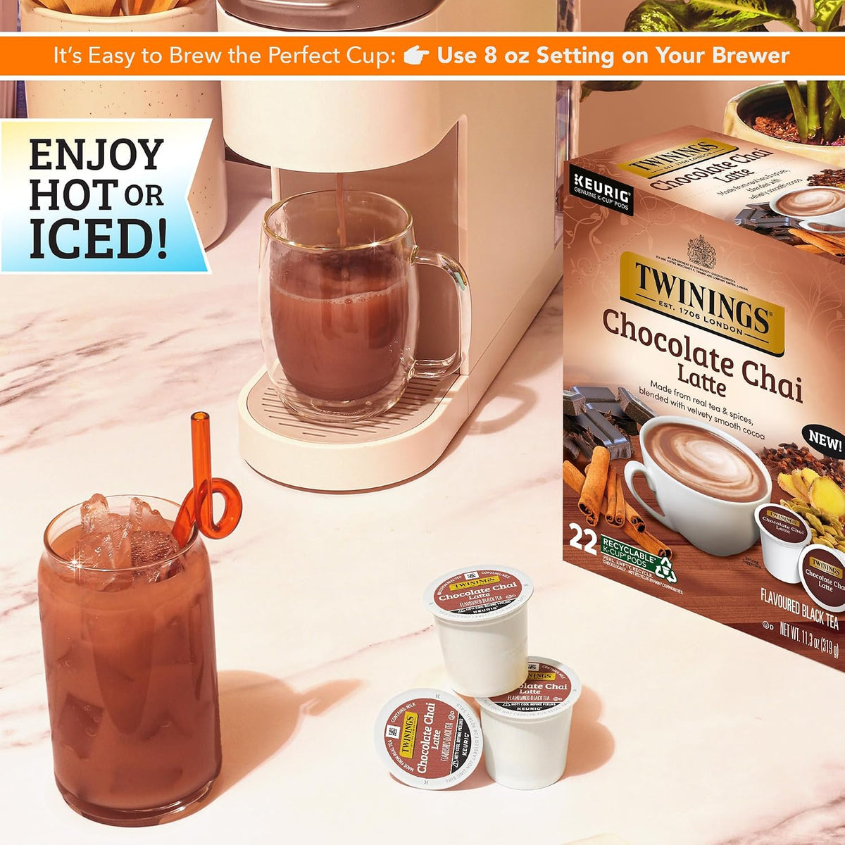 Twinings Chocolate Chai Latte Tea K-Cup Pods for Keurig, 22 Count (Pack of 1), Velvety Smooth Cocoa with Real Spiced Tea, Caffeinated, Enjoy Hot or Iced