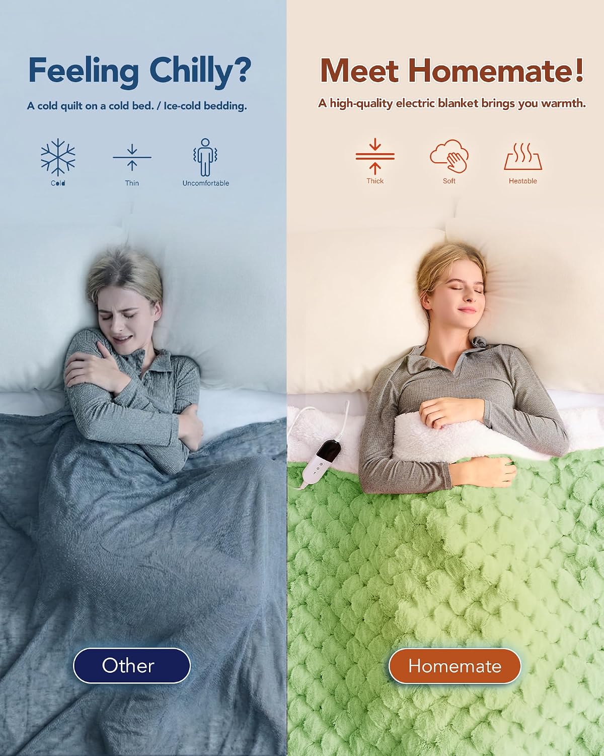 Homemate Electric Heated Blanket Twin - 62"x84" Heating Bed Blankets Throw with 10 Heating Levels 8 Hours Auto Off Fast Heating Over-Heated Protection Ultra Soft Warm Flannel ETL Certified Grey - Colors B