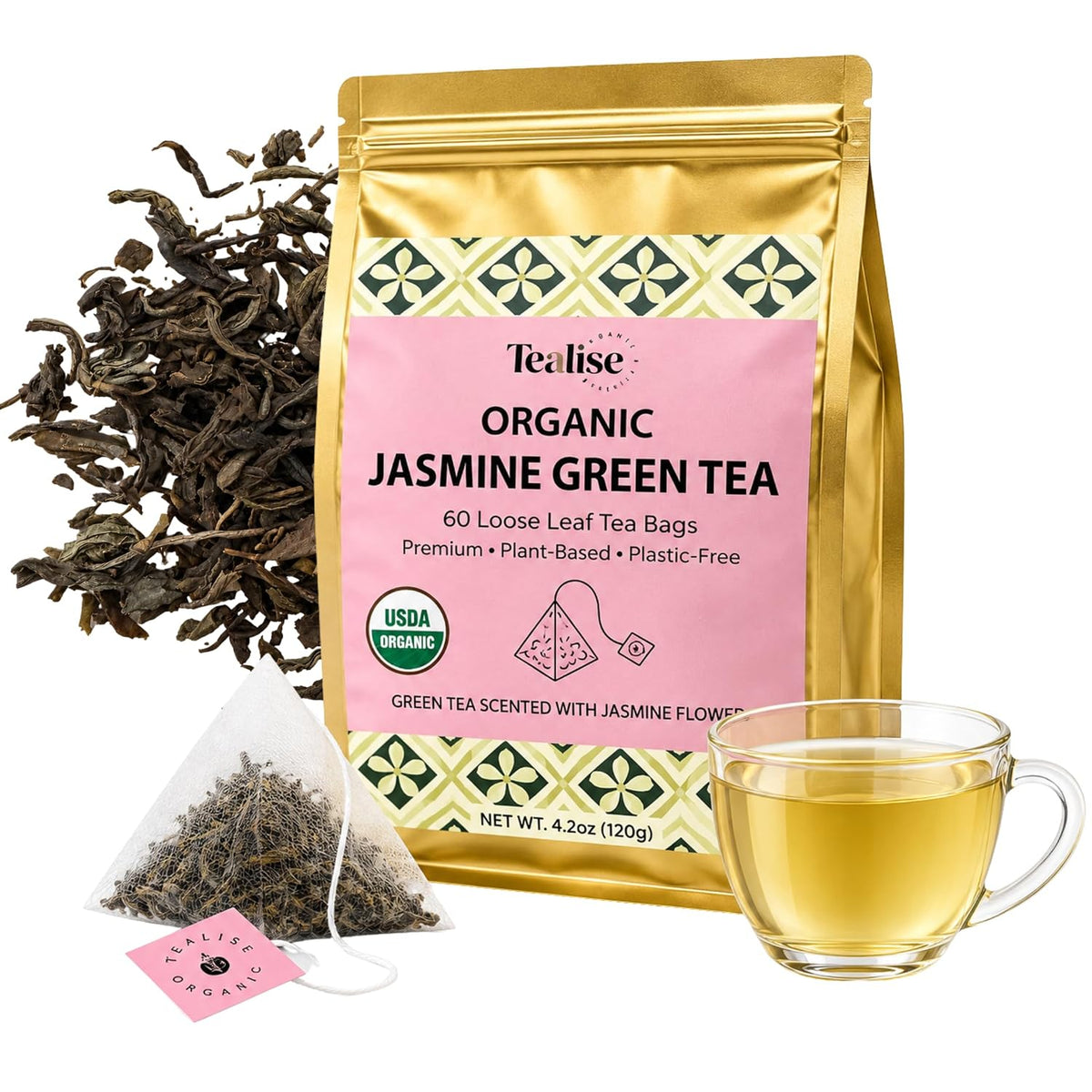 Organic Jasmine Green whole Leaf Pyramid Tea Bags – USDA Organic, Plant-Based & Plastic-Free Tea Bags, Smooth Floral Green Tea, 60 Count by Tealise