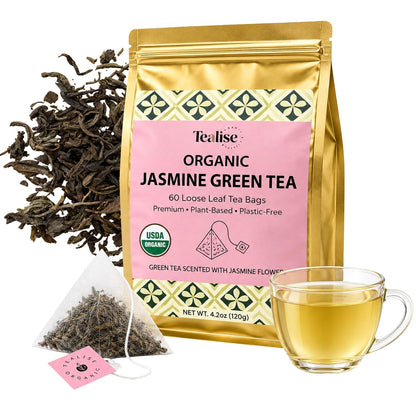 Organic Jasmine Green whole Leaf Pyramid Tea Bags – USDA Organic, Plant-Based & Plastic-Free Tea Bags, Smooth Floral Green Tea, 60 Count by Tealise