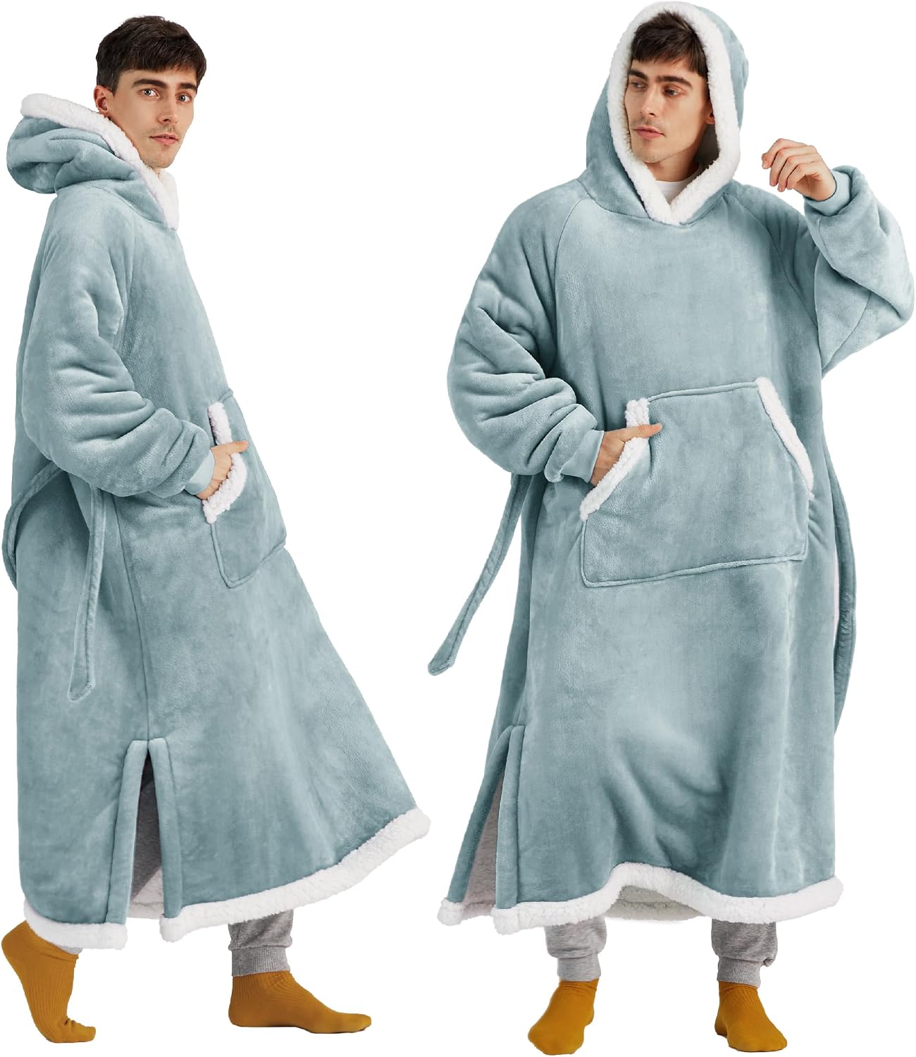 Bedsure Wearable Blanket Hoodie, Long Hooded Blanket Sweatshirt as Mothers Birthday Gifts for Women, Cozy Sherpa Hoodie for Adult, Standard, Grey