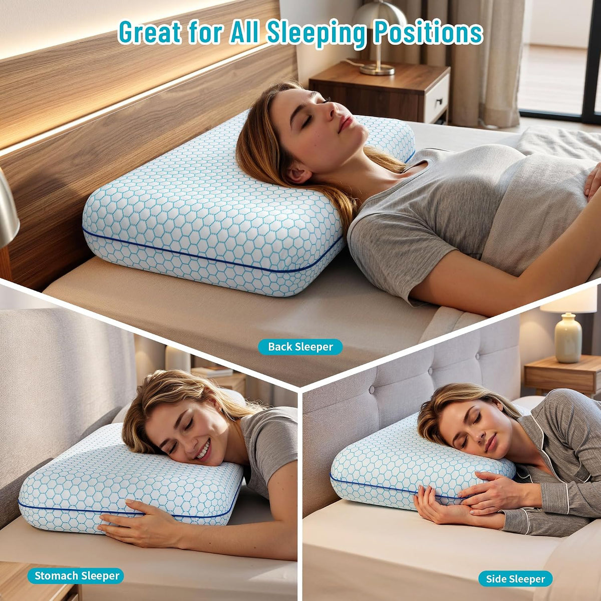 CushyOasis Bed Pillows for Sleeping 2PCS, Memory Foam, Standard Size, Blue
