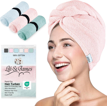 Lili&James 100% Cotton Hair Towel Wrap for Women & Kids – 420 GSM Quick Dry Hair Turban with Double Button Loop, Anti Frizz Non Microfiber Hair Drying Towel for Curly, Long & Thick Hair (Lilac)