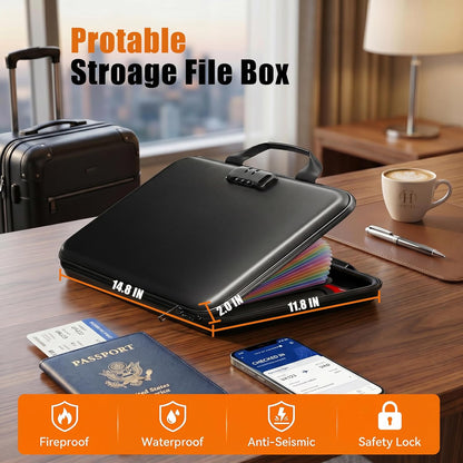 Fireproof Document Organizer with Lock, Semi-Rigid EVA Shell File Box with 13-Pocket Accordion Folder, Water-Resistant Storage for Important Documents, Passports & Certificates