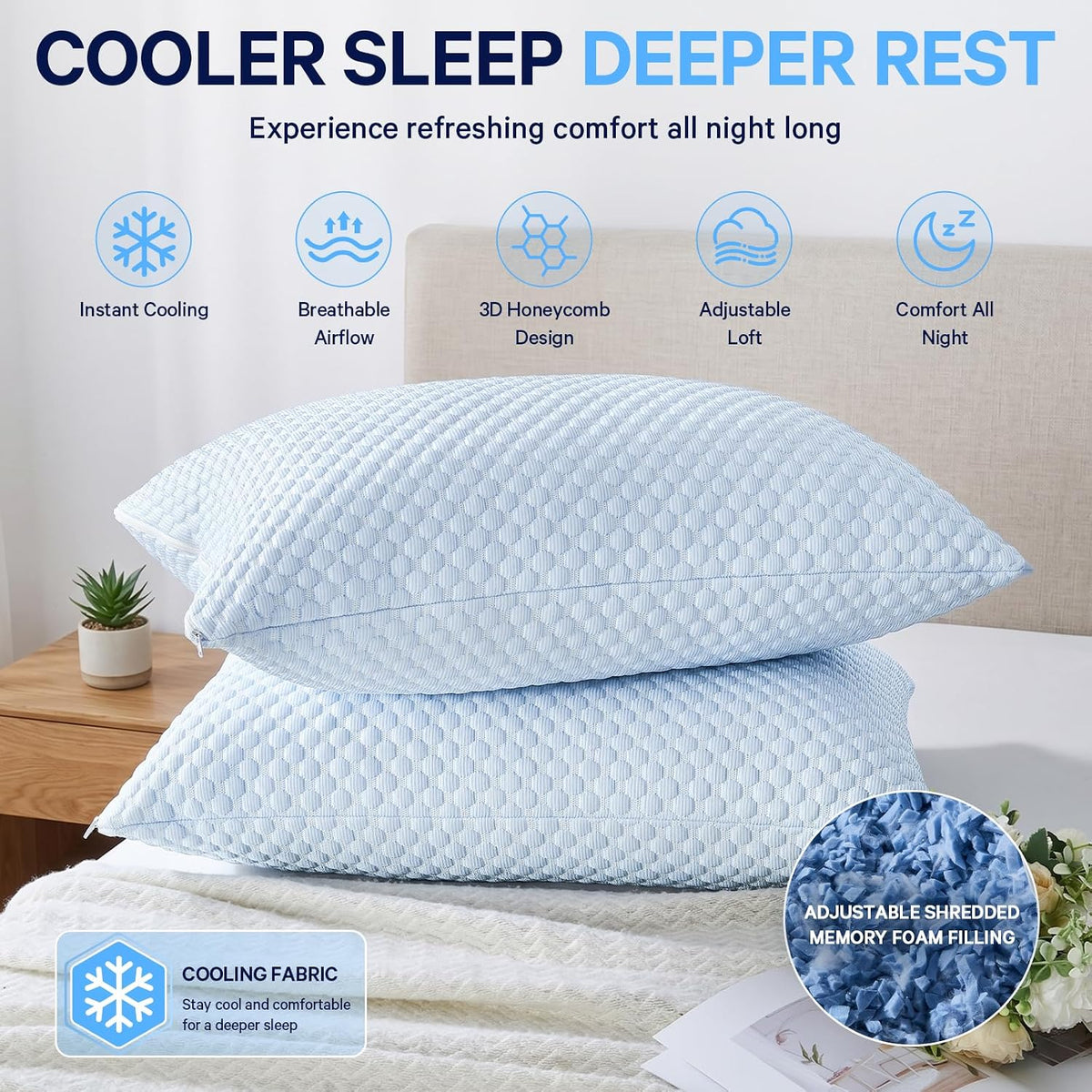 BETU Cooling Pillow Queen Size, Shredded Memory Foam Cool Pillow for Hot Sleepers, Adjustable Firm Soft Support Bed Pillows Perfect for Back Neck Pain and Side Sleeping with Pillow Case Cover, White