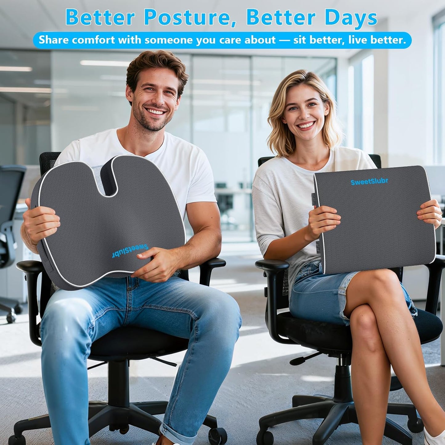 SweetSlubr Ergonomic Memory Foam Seat Cushion & Lumbar Support Pillow Set, Orthopedic Coccyx Cushion for Office Chair, Car, Home – Relieves Back, Sciatica & Tailbone Pain, Improves Posture Black/Large