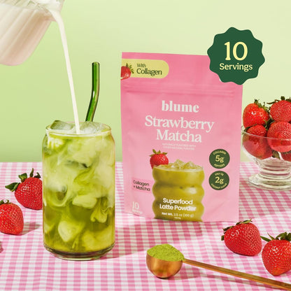 NEW Blume Iced Strawberry Matcha Latte with Collagen – Organic Japanese Matcha Green Tea Powder, Grass-Fed Collagen Peptides, Matcha Powder Latte Drink Mix, only 2g Organic Coconut Sugar, 10 Servings