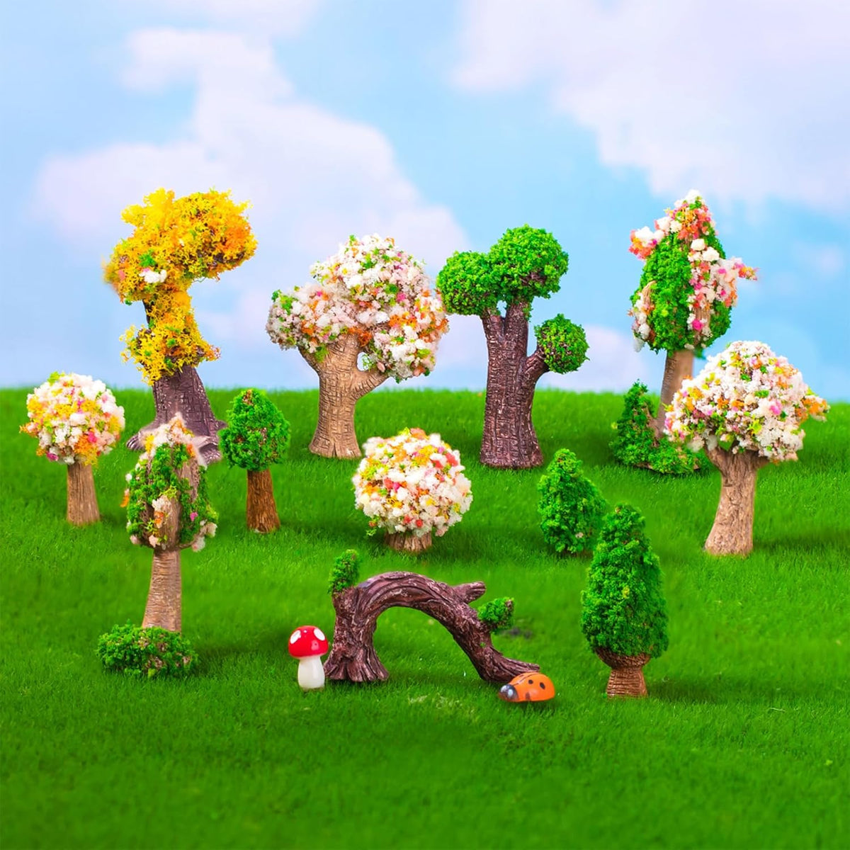 Cayway 26 PCS Outdoor Fairy Garden Miniatures Mini Zen Garden Accessories, Artificial Grass, Model Trees, Terrarium Ornaments, Dollhouse Supplies, Bonsai Decorative Craft Tools Kit