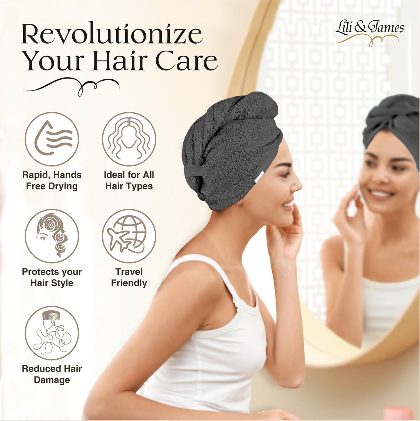 Lili&James 100% Cotton Hair Towel Wrap for Women & Kids – 420 GSM Quick Dry Hair Turban with Double Button Loop, Anti Frizz Non Microfiber Hair Drying Towel for Curly, Long & Thick Hair (Lilac)