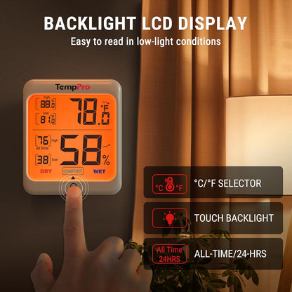 TempPro TP53 Digital Hygrometer Indoor Thermometer for Home, Temperature Humidity Sensor with Comfort Indicator & Max Min Records, Backlit Display Room Thermometer Humidity Meter(Previously ThermoPro)