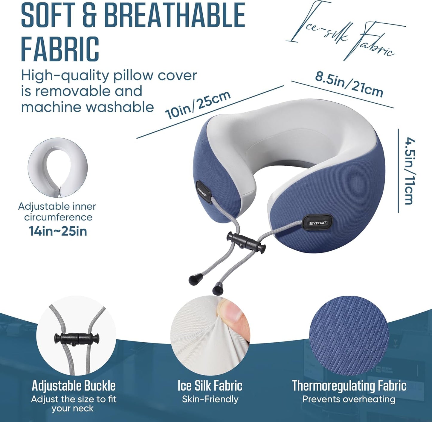 SKYTRAX COMF® Premium Ergonomic Memory Foam Travel Neck Pillow, Washable Cooling Ice Silk Cover, Firm Neck Support for Airplane Long Flights & Pain Relief, with Portable Carry Case (Grey)