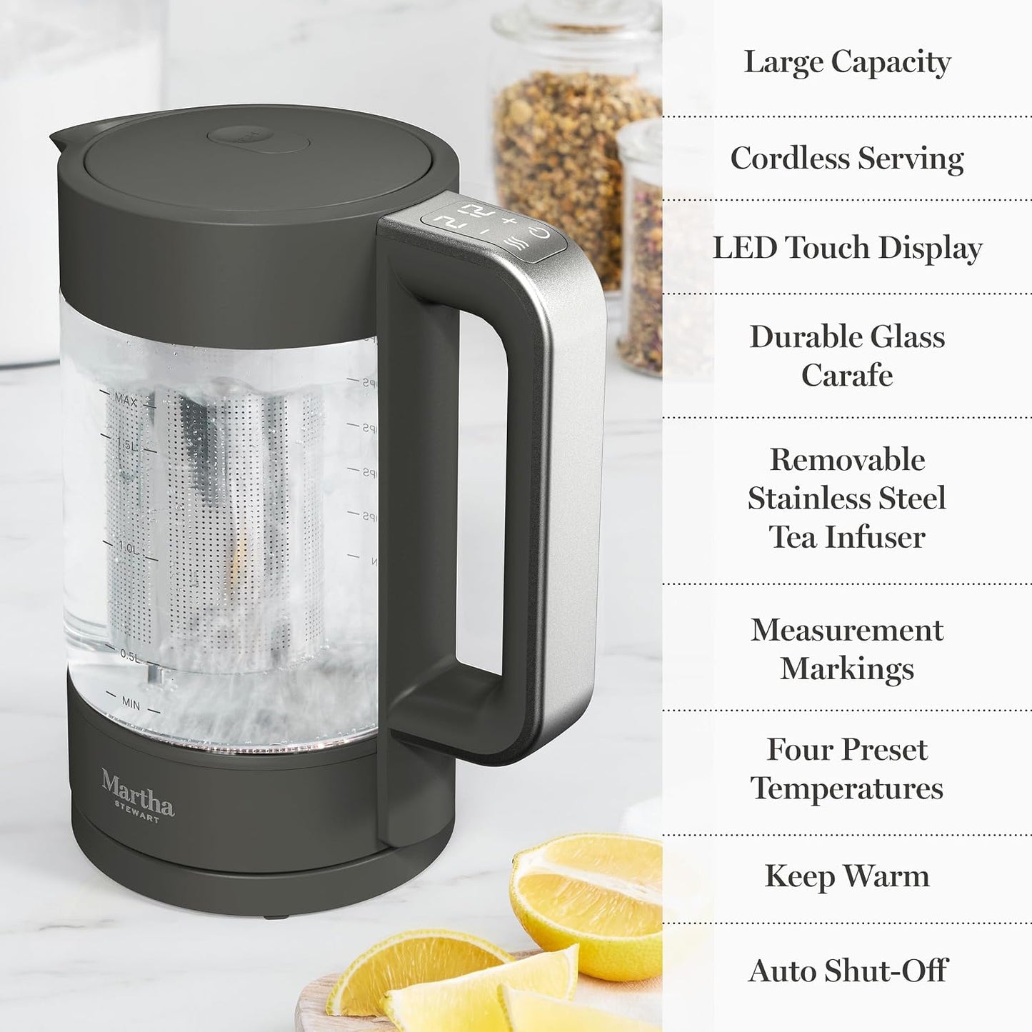 Martha Stewart Electric Kettle with Removable Stainless Steel Tea Infuser, Glass Carafe 1.7L (7 Cups), Hot Water Boiler, 4 Presets, Keep Warm & Auto Shut-Off, Cordless 360° Swivel Base, Honeydew Green