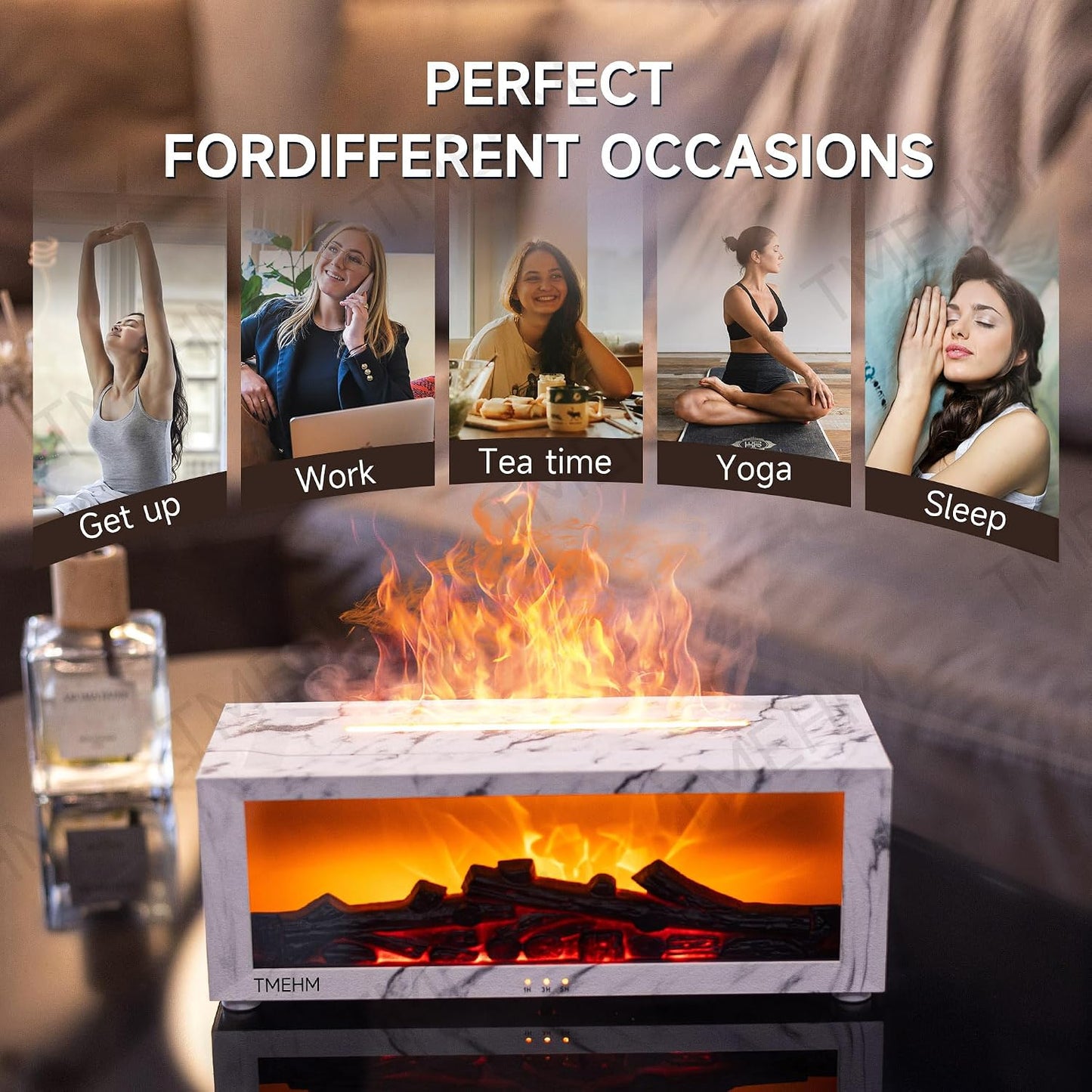 TMEHM Fireplace Flame Air Diffuser Humidifier,7 Colors Aromatherapy Essential Oil Diffuser,Ultrasonic Aroma Humidifier with Timer for Home,Bedroom,Office,Yoga (Black)