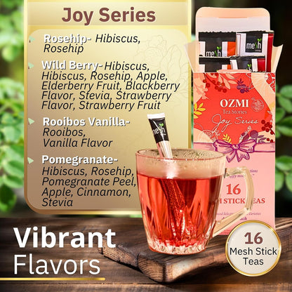 OZMI Premium Caffeine Free Fruit & Herbal Tea Sampler Gift Set, 16 Mesh Stick Teas, 4 Flavors, Rosehip, Wild Berry, Rooibos Vanilla & Pomegranate, No Teapot Required
