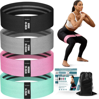 Resistance Bands for Working Out with Guide, 4 Workout Bands for Women & Men, Fabric Exercise Bands for Legs, Hip, Glute, Butt, Booty Bands Set for Yoga, Pilates, Strength