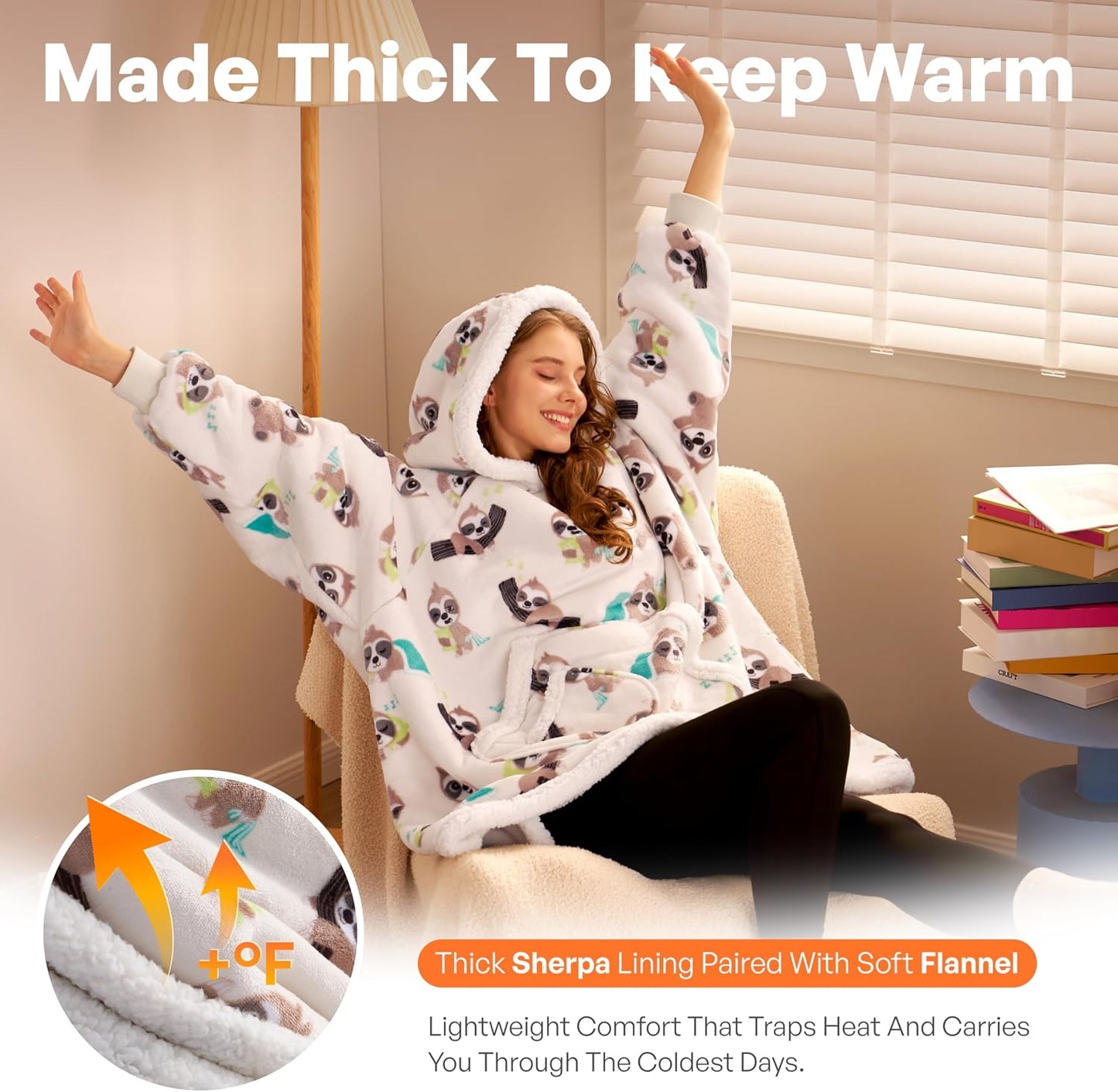 Giggling Getup Wearable Blanket Hoodie for Adults Gifts for Teen Girls Sister Women Sherpa Fleece Printed Hooded Blanket Sweatshirt Warm Cozy with Pocket & Sleeves Beige Cat