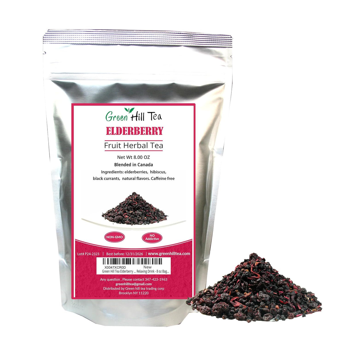 Green Hill Tea Elderberry Herbal Tea - Immune System Boosting Fruit Herbal Tea Blend - Caffeine-Free Relaxing Drink - resealable foil bag 8 OZ