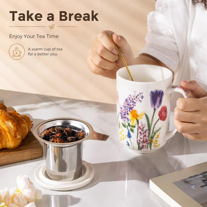 GBhome Tea Mug with Infuser and Lid, 18 Ounce Large Ceramic Loose Leaf Cup, Microwave, Dishwasher Safe, Perfect for Tea Lovers