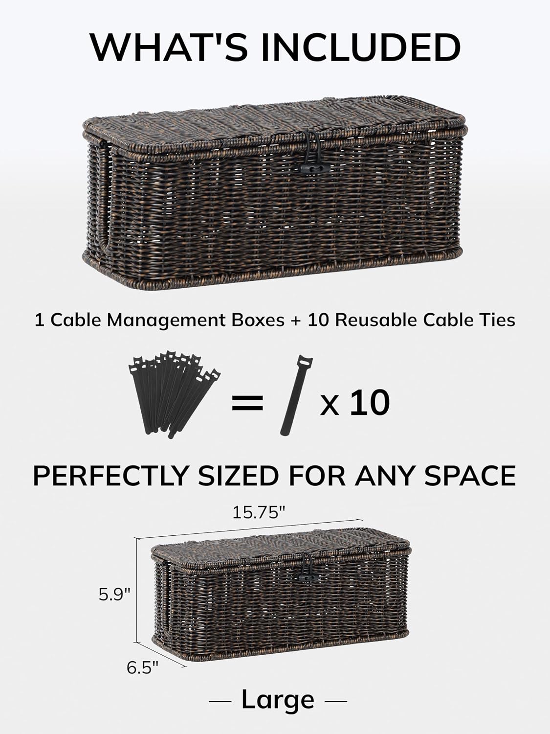 Cable Management Box, Cord Organizer with Lid & Cable Ties - Brown, L