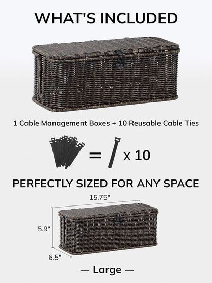 Cable Management Box, Cord Organizer with Lid & Cable Ties - Brown, L