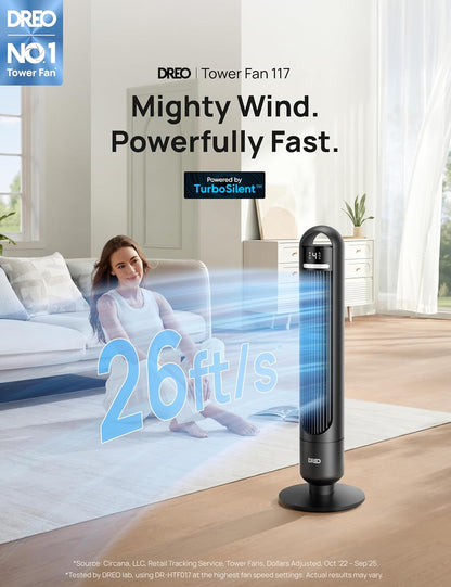 DREO Tower Fan for Bedroom, 90° Oscillating Standing Fans for Room with 4 Speeds, 3 Modes, 28dB Quiet for Sleep, 26ft/s Velocity, 8H Timer, Remote, Living Room, Office, Home, Black