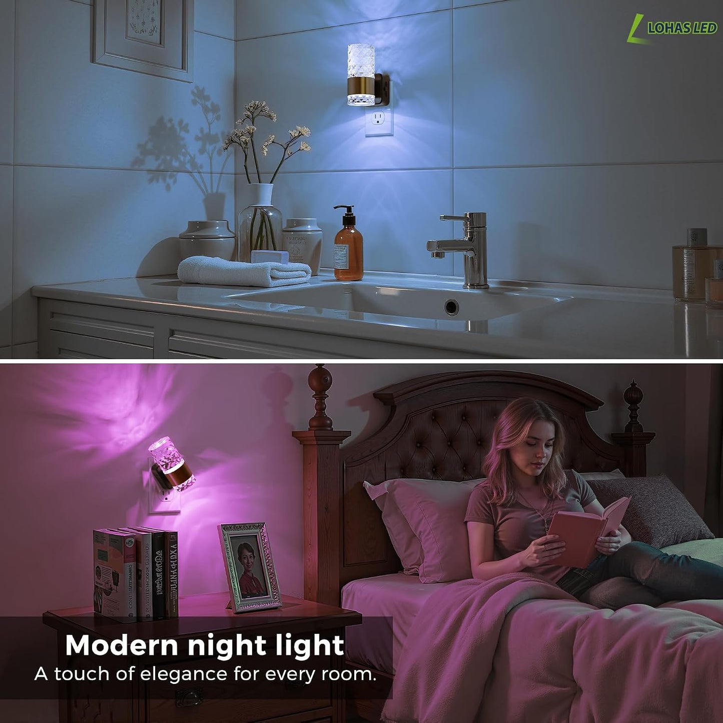 L LOHAS LED Night Lights Plug into wall, Amber Night Light with Adjustable Brightness, Plug in NightLight with Auto Light Sensor, Wall Sconce-Style Design Night Light for Bathroom,Hallway, 2 Pack