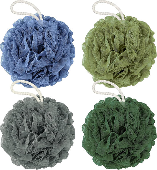 Rnoafmu Shower Loofah Bath Sponge, 60G Loofah Exfoliating Body Scrubber, 4 Color Mesh Shower Pouf Balls for Body Wash (Pink Green White Gray)