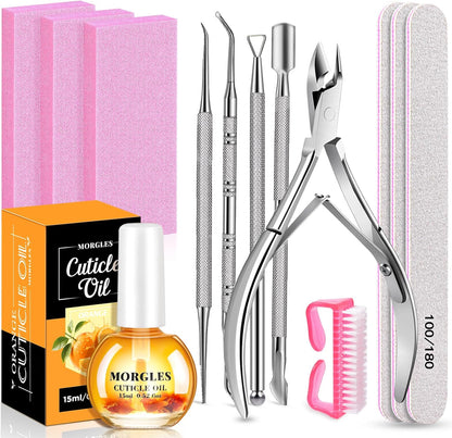 MORGLES Nail File and Buffer Blocks with Nail Care Kit, 13 Pcs Manicure Kit for Women with Milk and Honey Cuticle Oil and Cuticle Trimmer Set
