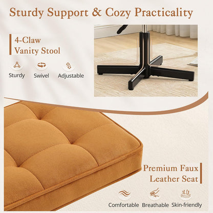 LUE BONA Adjustable Vanity Stool, Foot Rest Under Desk, 360° Swivel Vanity Chair for Makeup Room, Black Upholstered Faux Leather Ottoman for Bathroom & Living Room, 300lbs