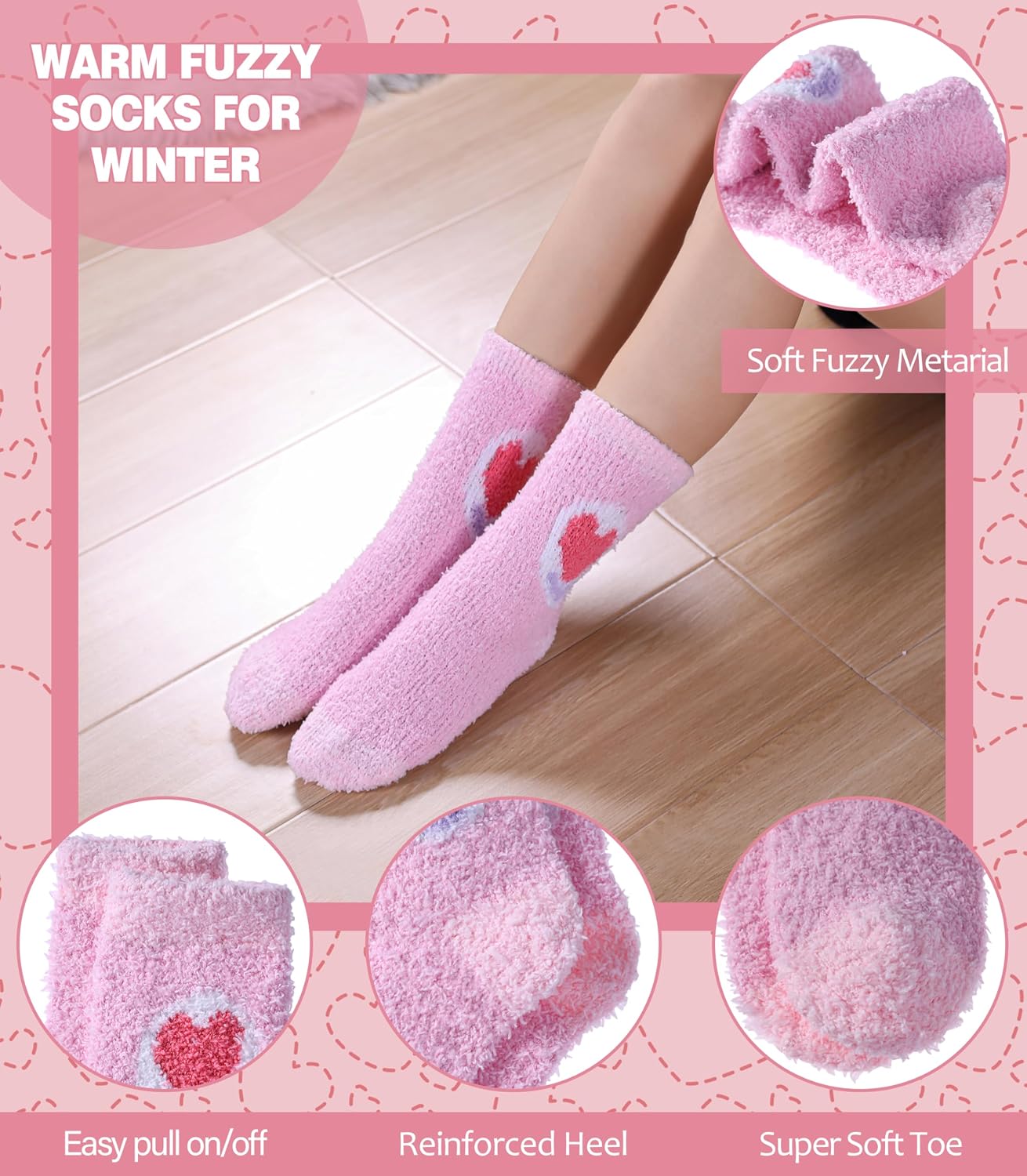 LANLEO Fuzzy Socks for Women Fluffy Slipper Winter Warm Soft Cozy Microfiber Plush Sleeping Heart Socks
