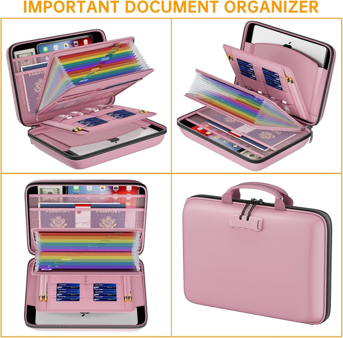 DocSafe Fireproof File Organizer with Lock, Hard-Shell Case Fireproof Document Box with 13 Pocket Accordion File Folder, Portable Home Office Travel Safe Storage for Important Documents Laptop Beige