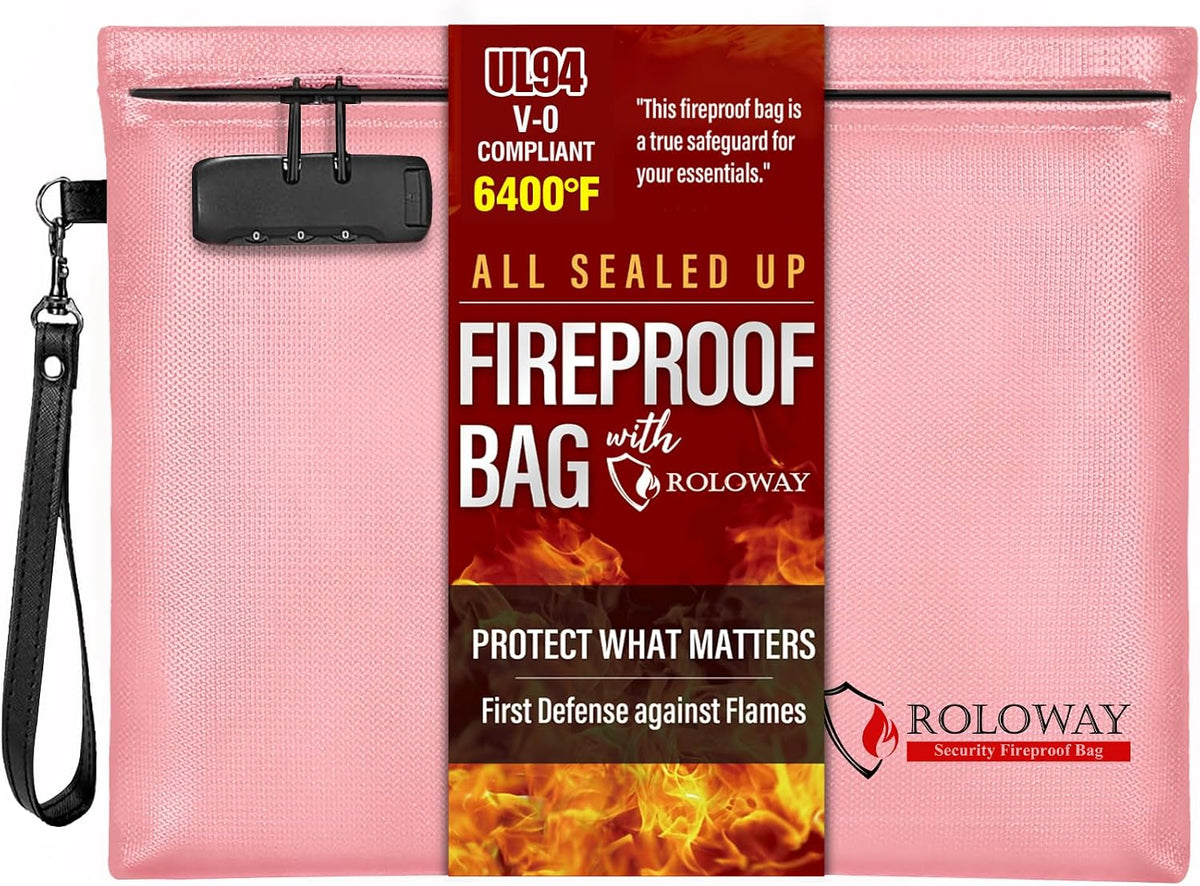 ROLOWAY Fireproof Document Bag (14.5 x 11.5 inch), 6400℉ Fireproof Money Bag with Zipper for Cash, Fire Safe Money Pouch with Lock (Black)