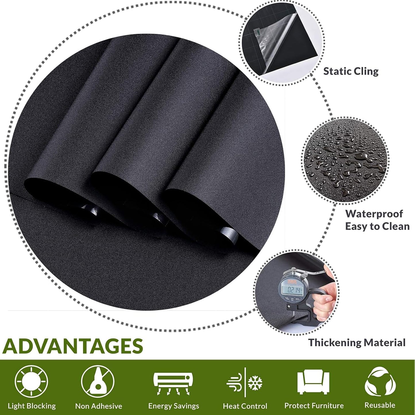 VELIMAX Static Cling Total Blackout Window Film Privacy Room Darkening Window Tint Black Window Cover 100% Light Blocking No Glue (17.7 x 78.7 inches)