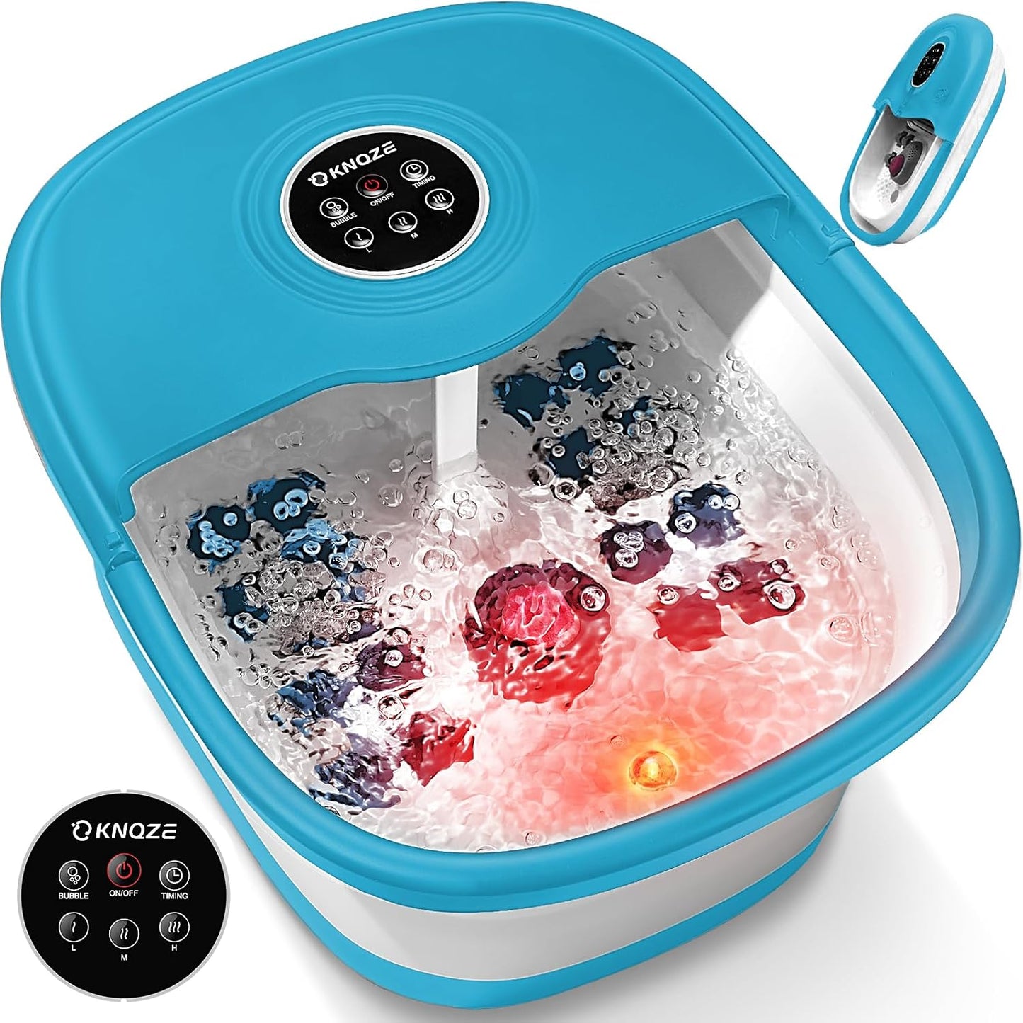 KNQZE Collapsible Foot Spa Bath with Heat & Remote Control, Bubble Massage, Temperature Control, Red Light, Timer, 16 Rollers & Pumice Stone for a Soothing Spa Experience