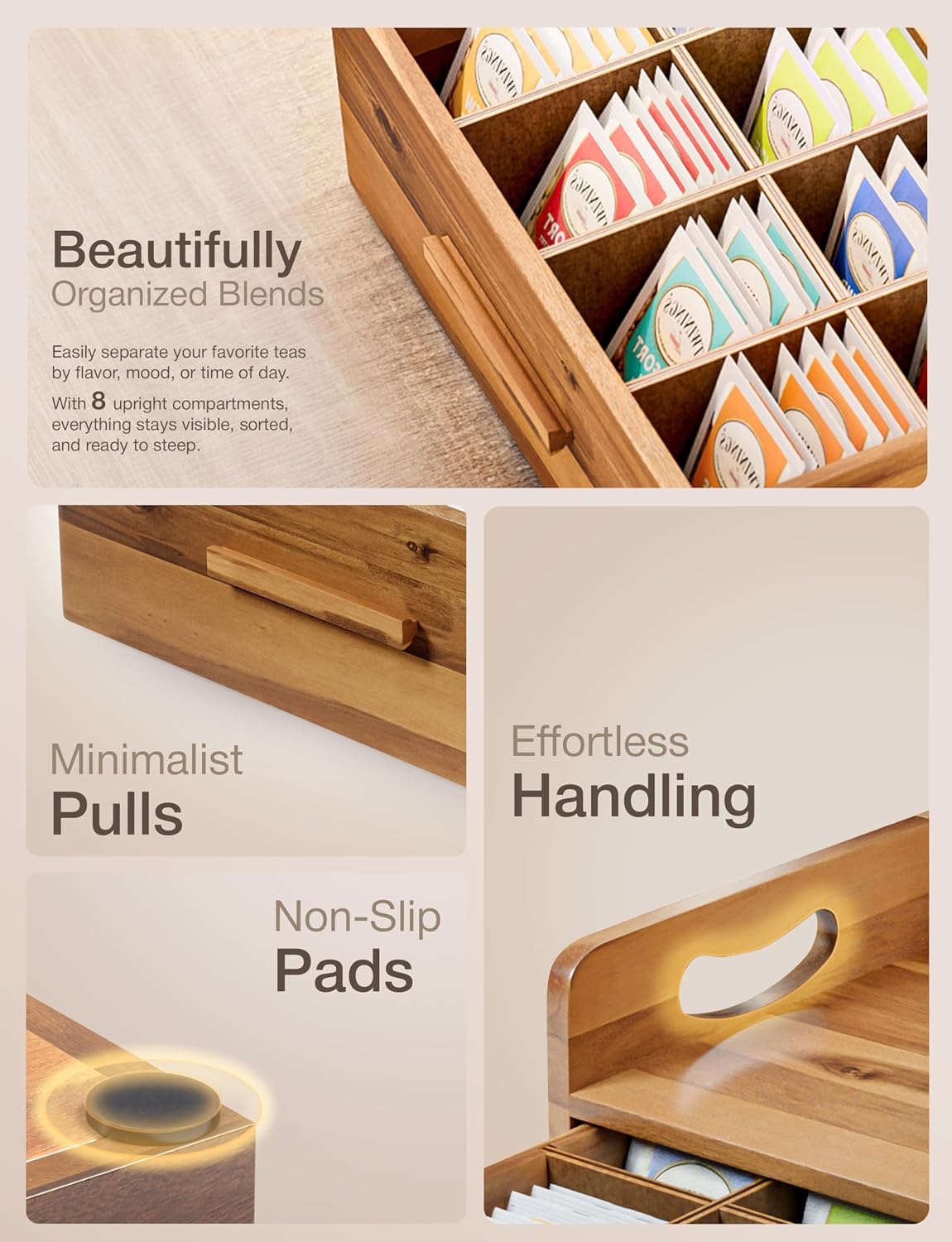 TINAMO Acacia Wooden Tea Box Organizer with Drawer for Tea & Coffee Storage