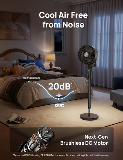 DREO Fan for Bedroom, 2026 Upgraded, 90ft Airflow, 20dB Quiet Fan, 90° Oscillating Standing Fan for Whole Room, DC Motor, 8+H Speeds, 3 Modes, 38-42'' Adjustable Height, 8H Timer, 105° Manual Vertical
