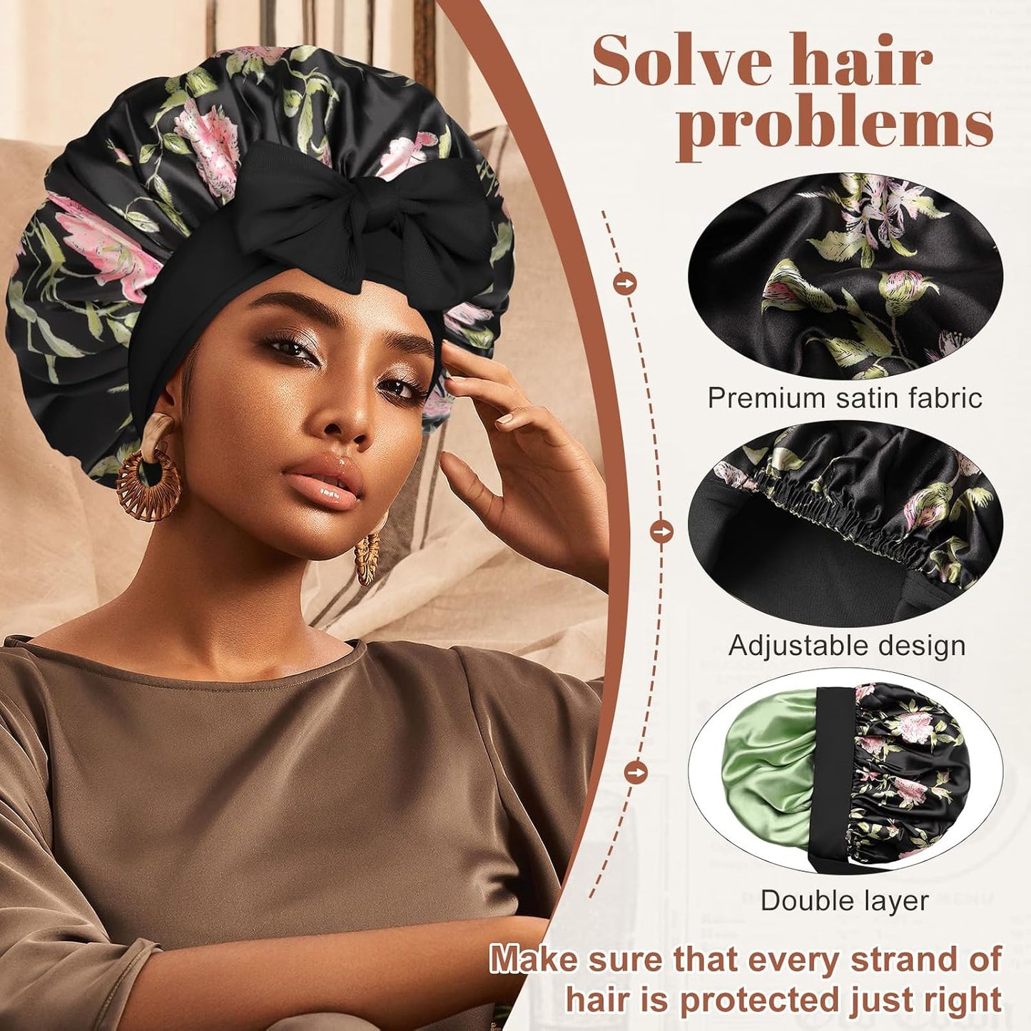 Satin Bonnet for Sleeping Cap Double Layer Hair Bonnet with Elastic Tie Band for Curly Hair Night Cap (Bean Paste + Pink)