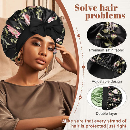 Satin Bonnet for Sleeping Cap Double Layer Hair Bonnet with Elastic Tie Band for Curly Hair Night Cap (Bean Paste + Pink)