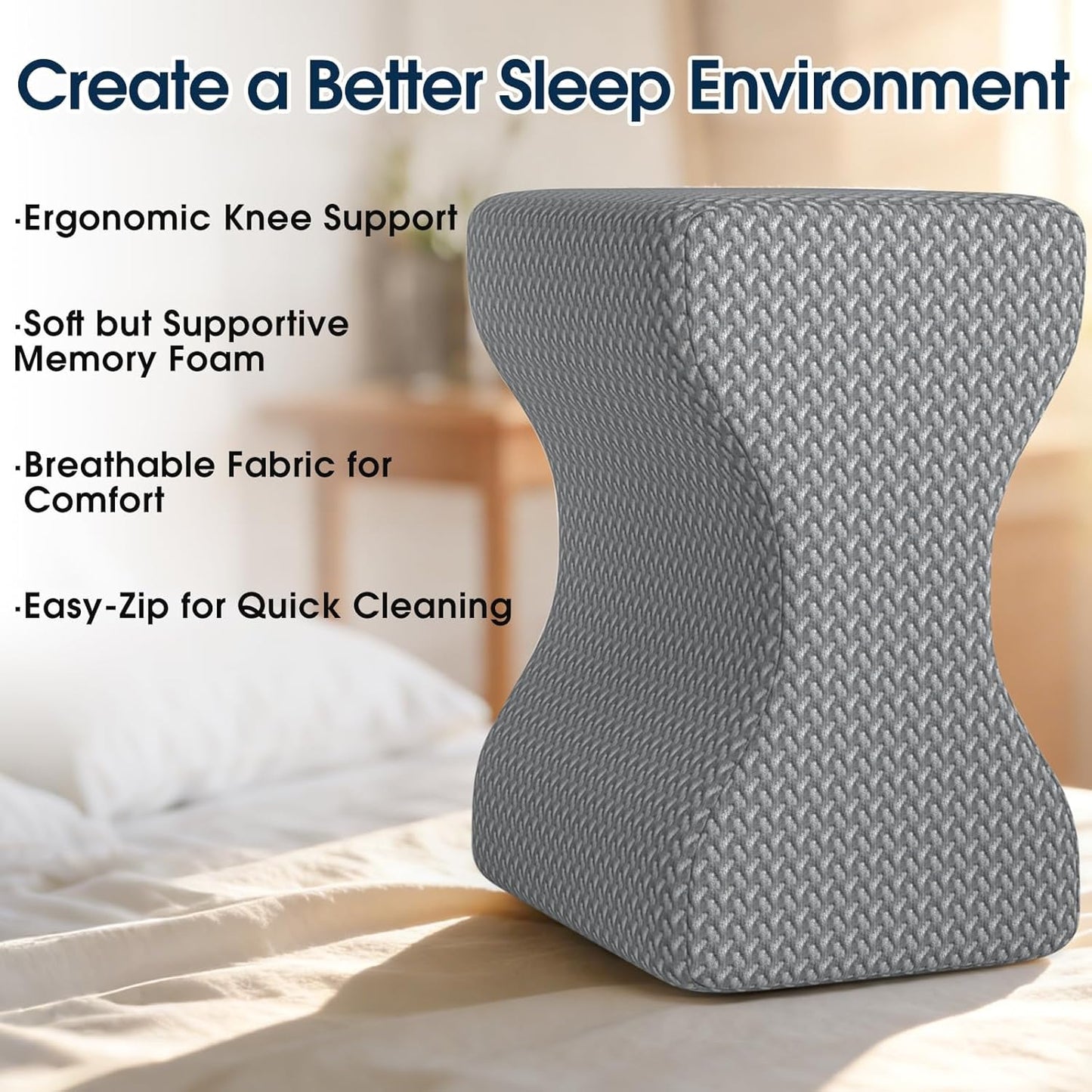 BlissTrends Memory Foam Knee Pillow, Knee Pillow for Side Sleepers, Leg Pillows for Sleeping Blood Circulation, Elevation Pillow for Spine Aligning, Sciatica, Back, Hip, Knee, Ankle Pain, Grey
