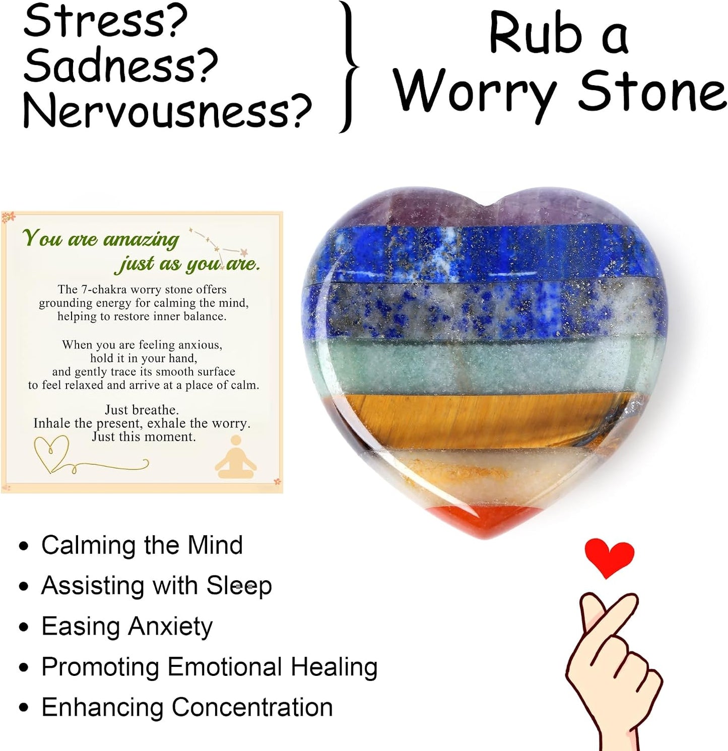 Worry Stone Crystals and Healing Stones Anxiety Fidgets Natural Meditation Accessories 7 Chakra Thumb Sensory Mental Health Depression Stress Anxiety Relief Items Mother's Day Gifts for Women